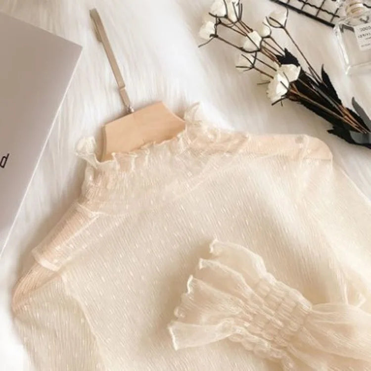 Women’s Lace Base Mesh Top – Autumn Winter Fairy Bell Sleeve Polka Dot Inner Shirt ✨❄️