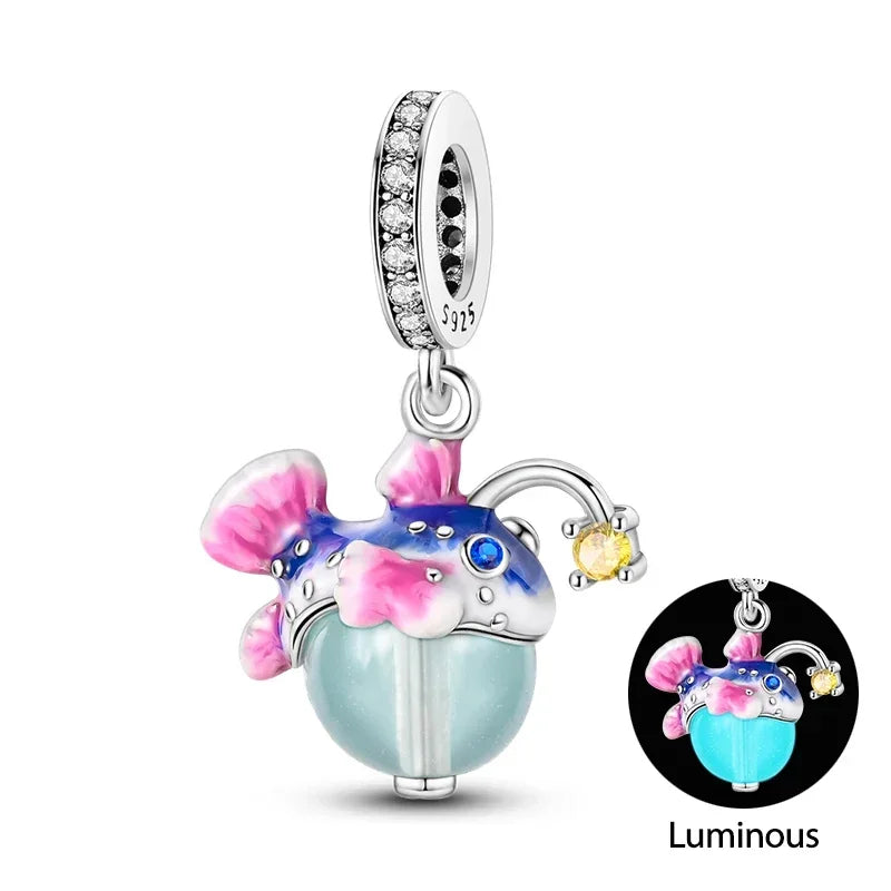 925 Sterling Silver Luminous Fairy Cat Owl Dragon Glass Charm | Original Design Bead for Bracelet DIY Jewelry