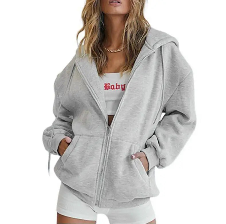 2024 Women’s Solid Hoodie | Elegant Long Sleeve Zipper Drawstring Sweatshirt | Casual Hooded Top with Pockets