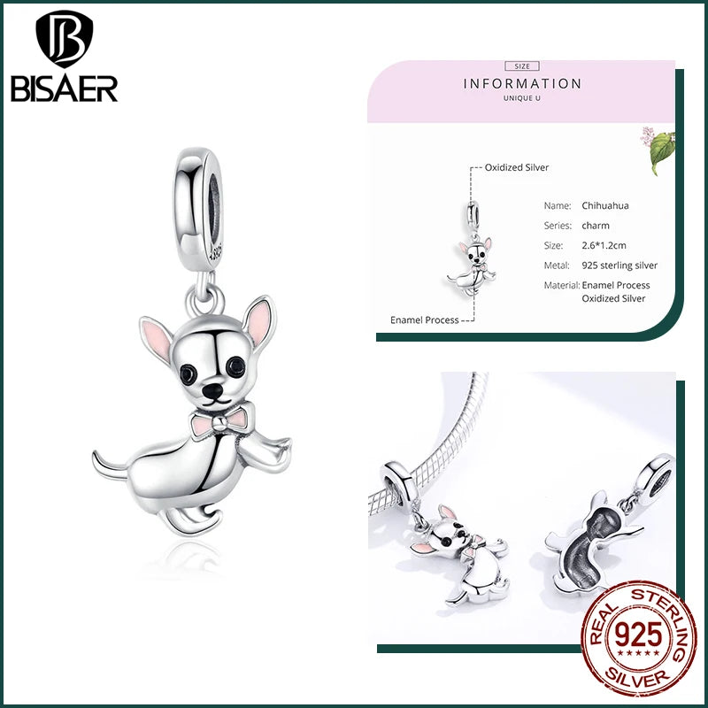 BISAER 925 Sterling Silver Dog Charm | Cute Dachshund Pet Bead Pendant for Women’s DIY Bracelet Jewelry