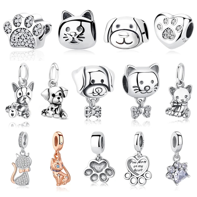 925 Sterling Silver Love Pets Dog Cat Paw Print Charm Beads for Women