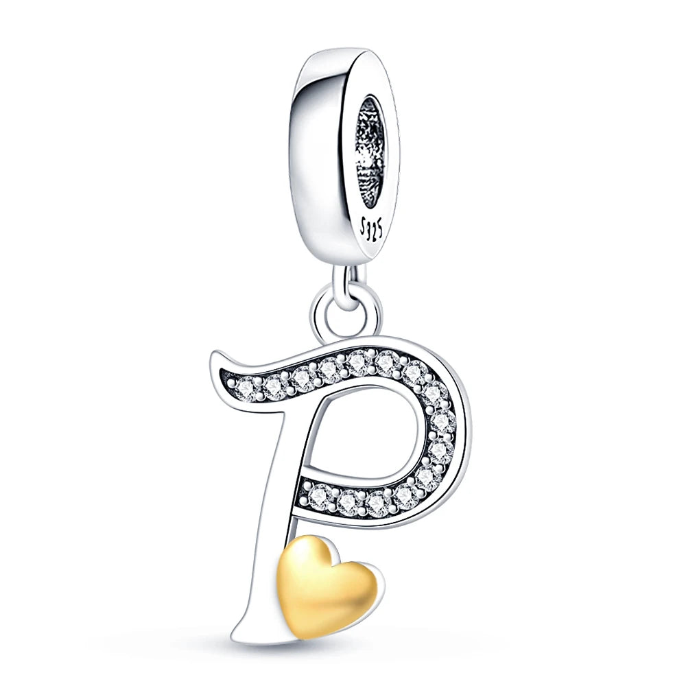 925 Sterling Silver A–Z Alphabet Letter Charms | Gold Heart Beads Fit Original Pan Bracelet | DIY Jewelry Accessories
