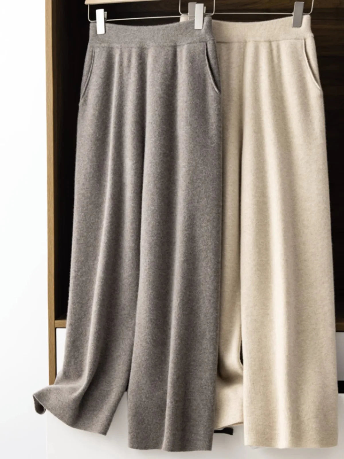 Elegant Women’s High Waist Wide-Leg Pants – Baggy Straight Knitted Trousers with Pockets