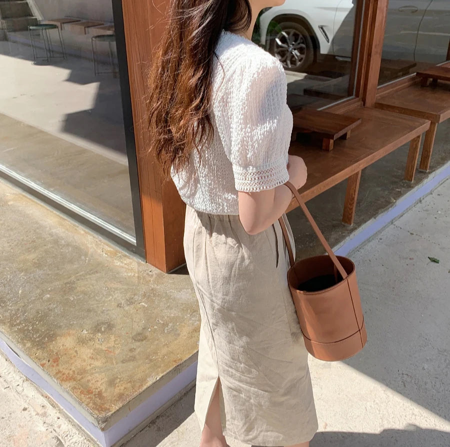 Elegant White Lace Hollow Out Blouse | Fairy-Style Bubble Sleeve Summer Top for Women