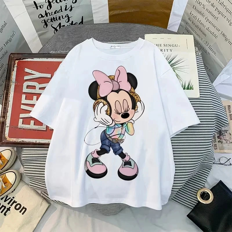 Disney Minnie Kawaii Women's Printed T-Shirt | Y2K Summer Cartoon Top | Oversized Cotton Tee for Women