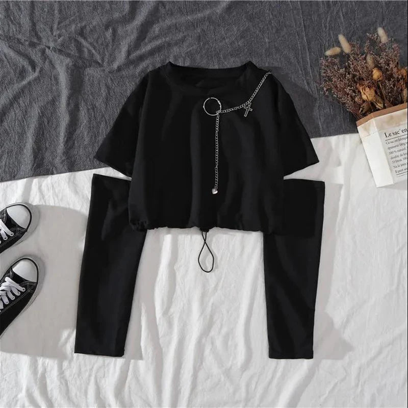 Spring Autumn Women’s Harajuku Cargo Two-Piece Suit – Cool Chain Ribbon Long Sleeve Top & Pants 🖤✨