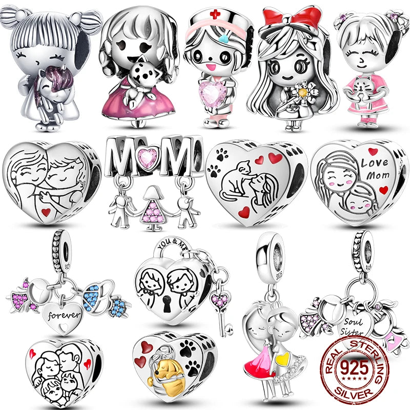 Original 925 Sterling Silver Girls Charms | Love Heart & Family Bead Pendant for Bracelets, Women’s Jewelry Gift