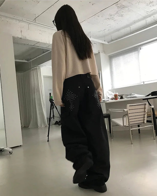 High Waist Wide-Leg Floor-Length Denim Jeans for Women – American Retro Casual Workwear Pants with Beaded Details