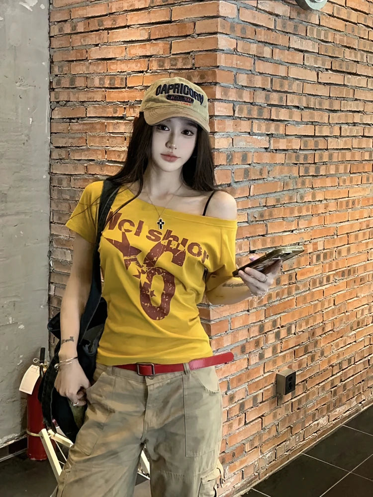 Y2K Sport Summer Off Shoulder Top for Women – Sexy Vintage 2000s Crop T-Shirt Short Sleeve Casual Body Fit Top