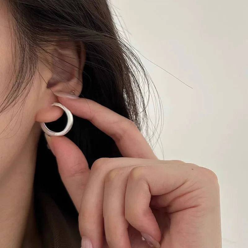 New 925 Sterling Silver Hoop Earrings – Matte Circle Geometric Punk Clip Earrings for Women & Girls