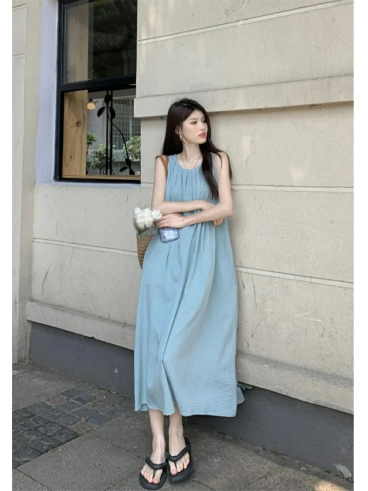 Summer Women’s Beach Vacation Dress – Sleeveless A-Line Midi Gown with Folded Skirt & Slimming Fit