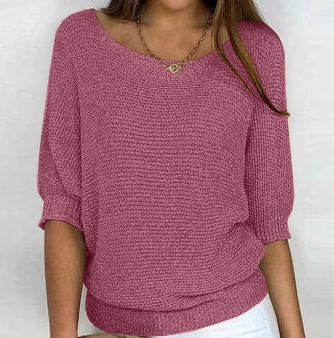 Women's Solid Color Knitted Sweater Pullover | Elegant Winter Round Neck 3/4 Sleeve Top