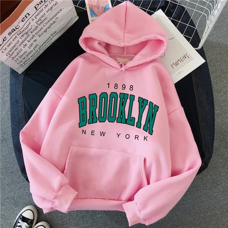 Brooklyn Printed Women's Hoodie | Fleece Loose Sweatshirt | Spring Autumn Winter Couple Pullover Coat