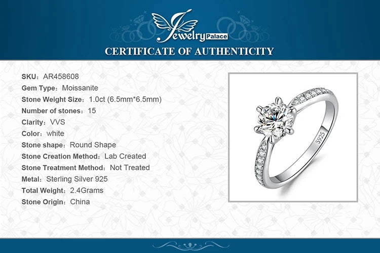 JewelryPalace Moissanite D Color Round Ring | 1–3ct S925 Sterling Silver Wedding & Engagement Ring