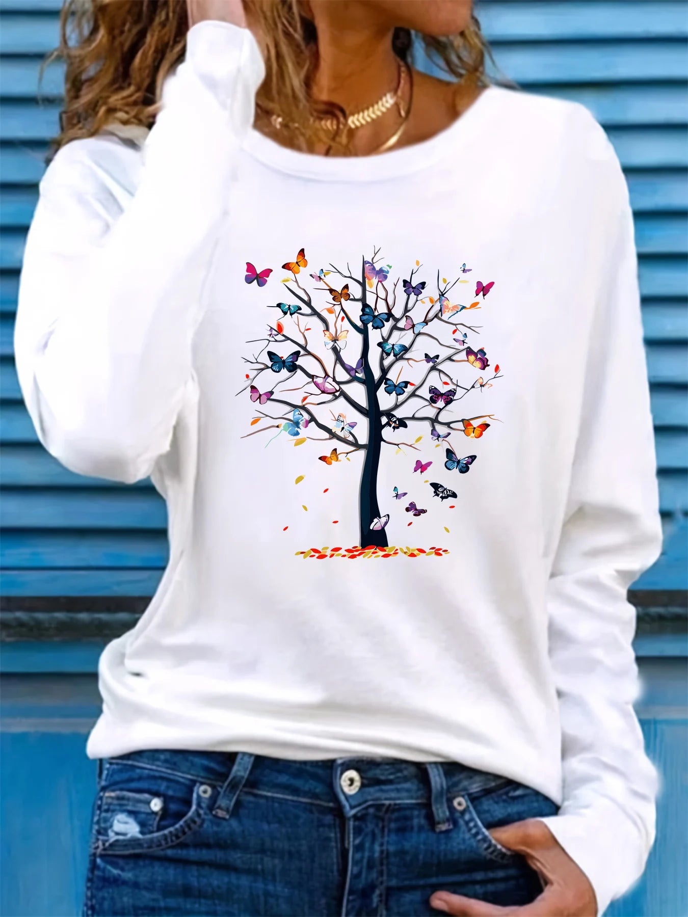 Women’s 100% Cotton Long Sleeve T-Shirt | Spring Autumn Loose Fit Round Neck | Butterfly & Tree Graphic Top