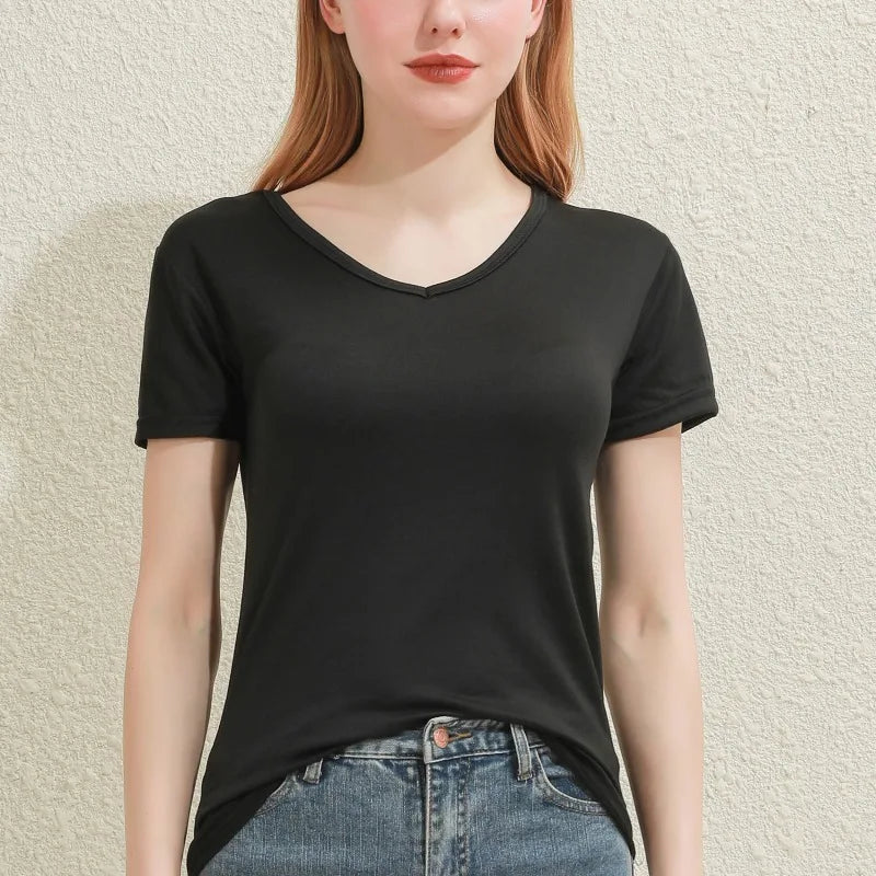 Spring Summer Women V-Neck T-Shirt – Slim Fit Short Sleeve Casual Solid Black & White Ladies Tee Tops