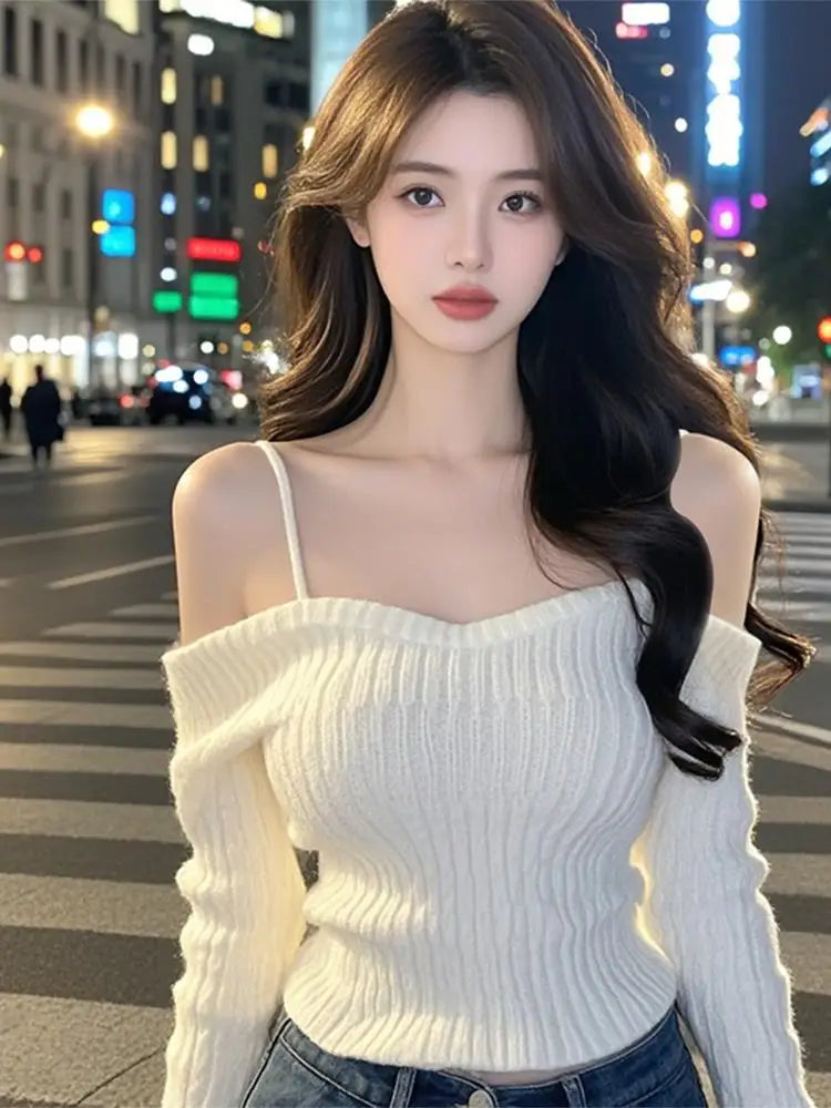 Sexy One-Shoulder Knitted Sweater for Women | Slim Fit Korean Style Long Sleeve Top | Spring 2025 Fashion Pullover