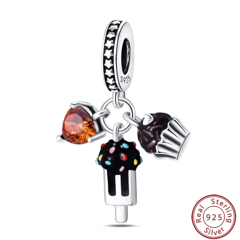 925 Sterling Silver Dessert Afternoon Tea Charm – Coffee, Cake, Pizza & Fries Beads Fit Original Pandora Bracelet DIY Jewelry