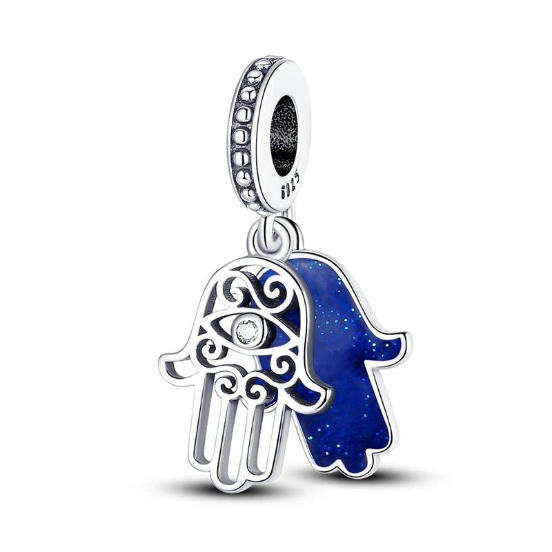 Blue 925 Sterling Silver Rotating Evil Eye Palm Moon Starry Sky Charms | Fit Original Bracelet Pendant Women Jewelry