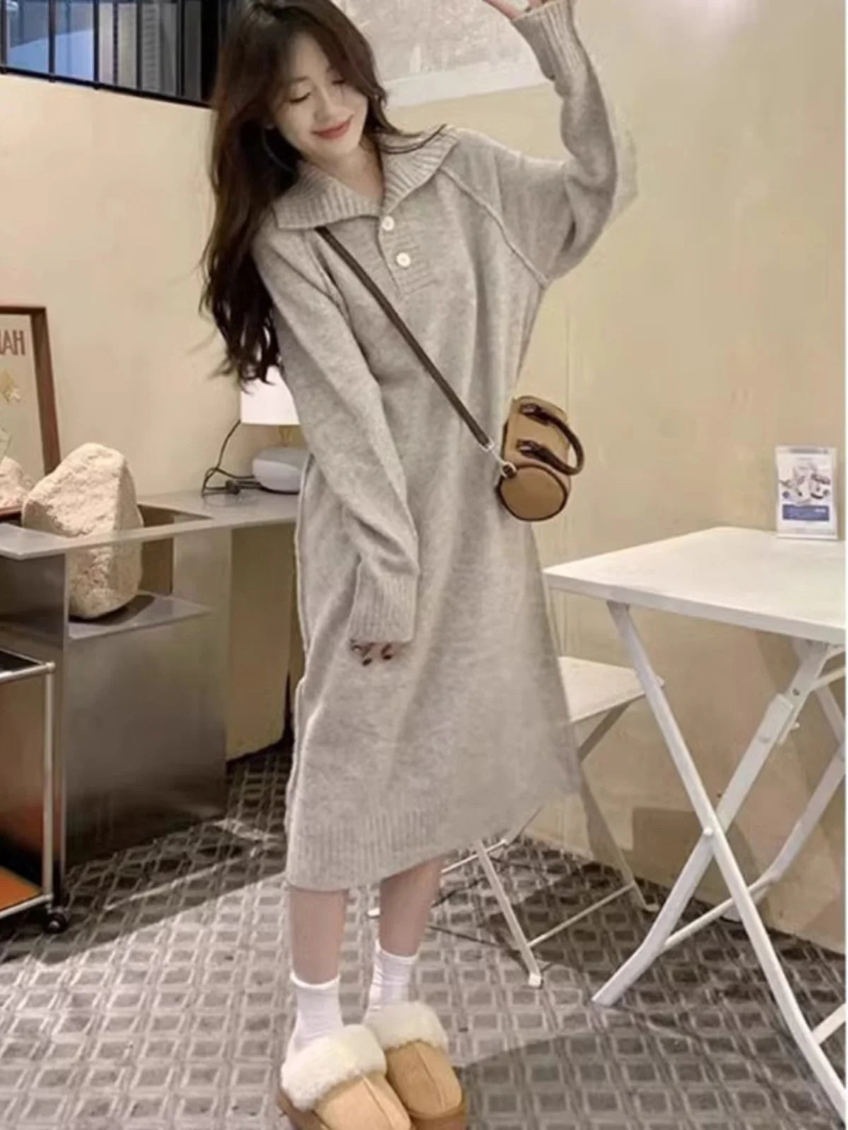Women’s V-Neck Knitted Dress – Loose Fit Mid-Length Knee-Over Sweater Dress, Autumn Winter Base Layer Inner Wear