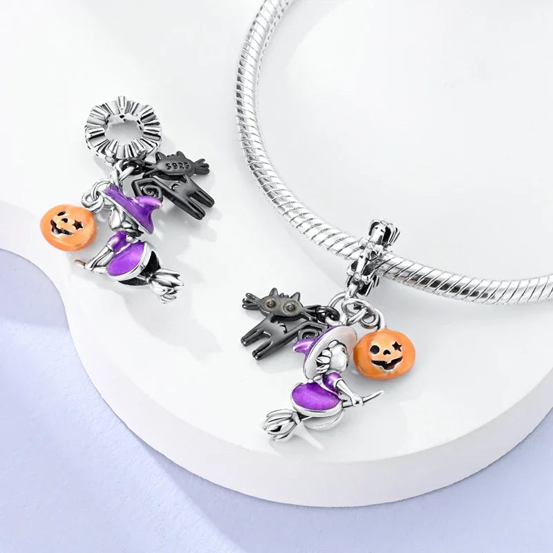 Halloween 925 Sterling Silver Luminous Pumpkin Witch Charm | Skeleton, Mummy & Candy Bead for DIY Bracelet Jewelry Gift