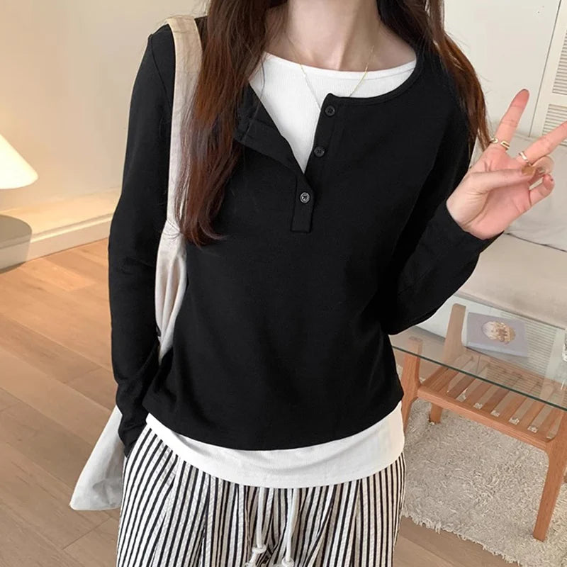Slimming Effect Pure Cotton Long Sleeve Top – Women’s Loose Fashionable Base Shirt Spring Autumn 2025