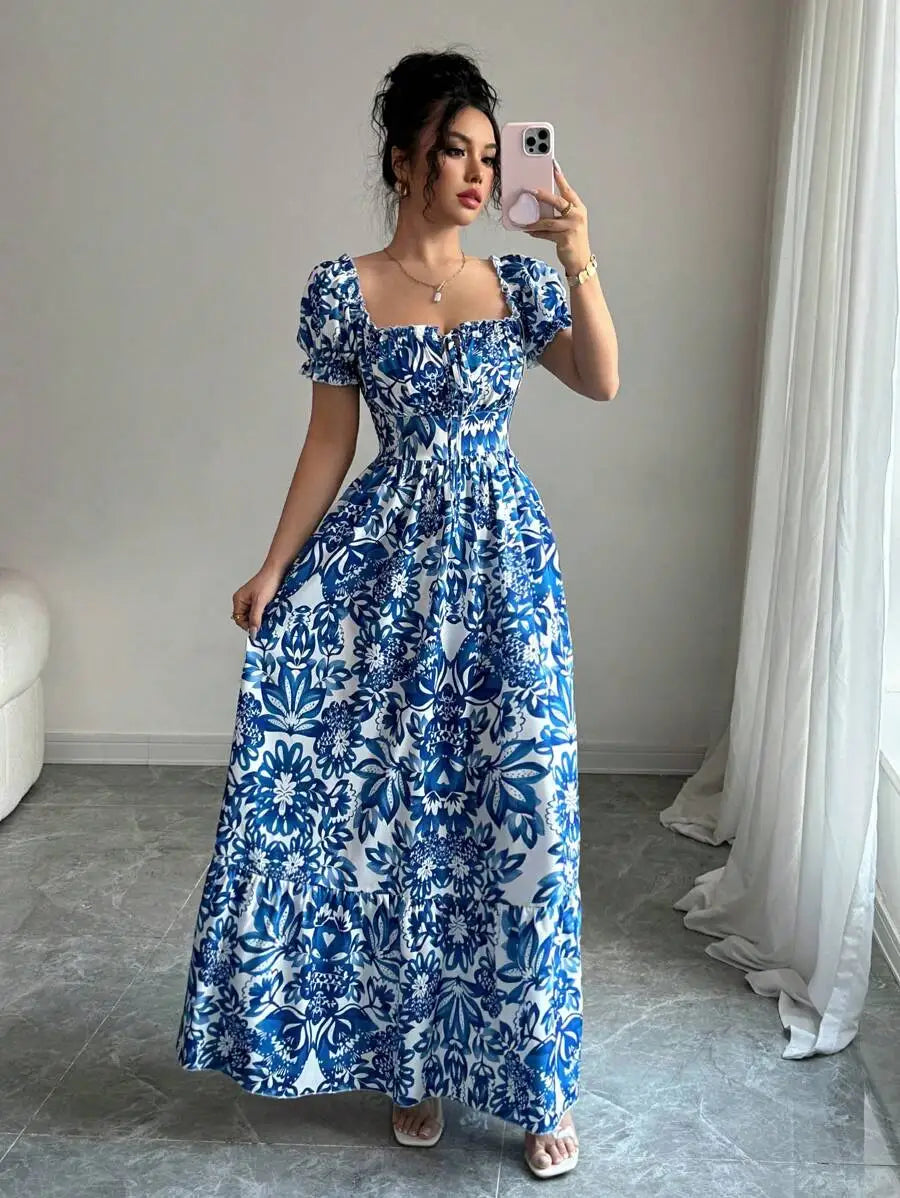 Elegant Women’s Floral Print Bubble Sleeve Dress – Blue Long Dress with Front Tie, Back Gathered Waist | Casual Vacation Dress