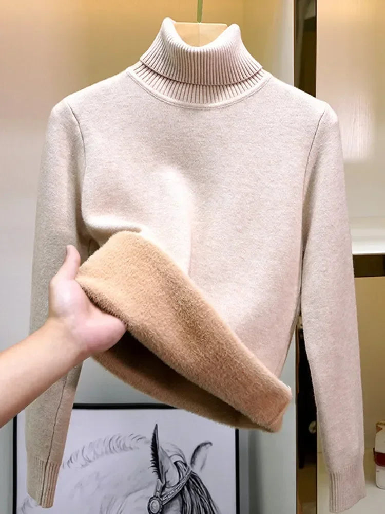 Women Winter Thicken Turtleneck Sweater – Slim Knit Plush Velvet Lined Warm Pullover Jumper