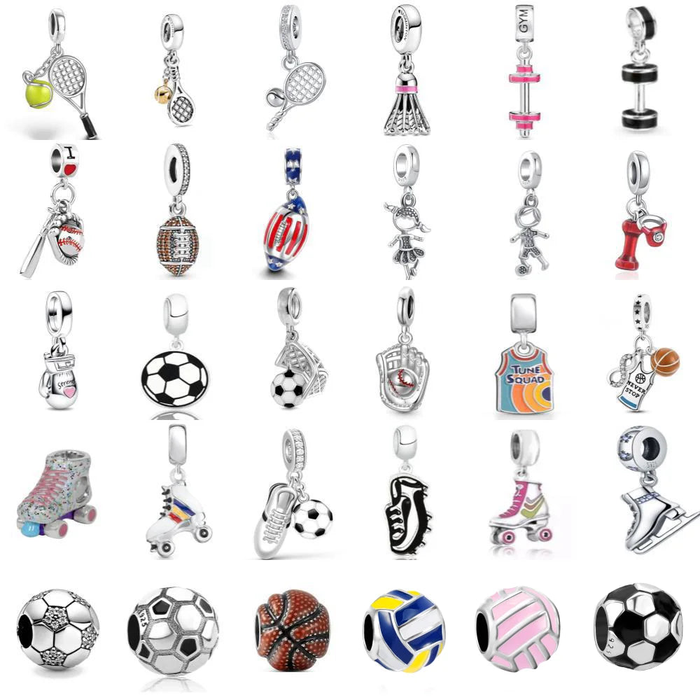 925 Sterling Silver Sports Charms – Football, Baseball, Tennis, Dumbbell Pendants Fit European Bracelets