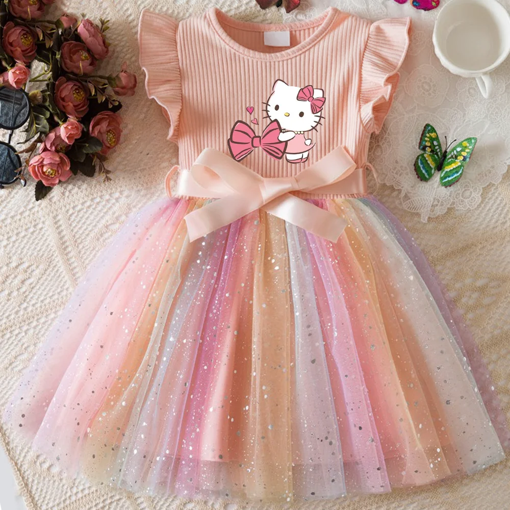 ✨ Hello Kitty Girls Sequins Dress 🎀 Rainbow Tulle Princess Dress 🌈 Toddler Birthday Party Outfit 👧 Ages 1–5 Years