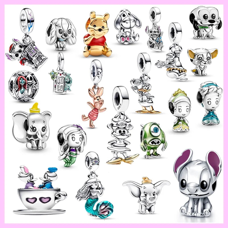 Disney 925 Sterling Silver Mickey, Winnie & Stitch Charm – DIY Pendant Beads for Original Bracelets
