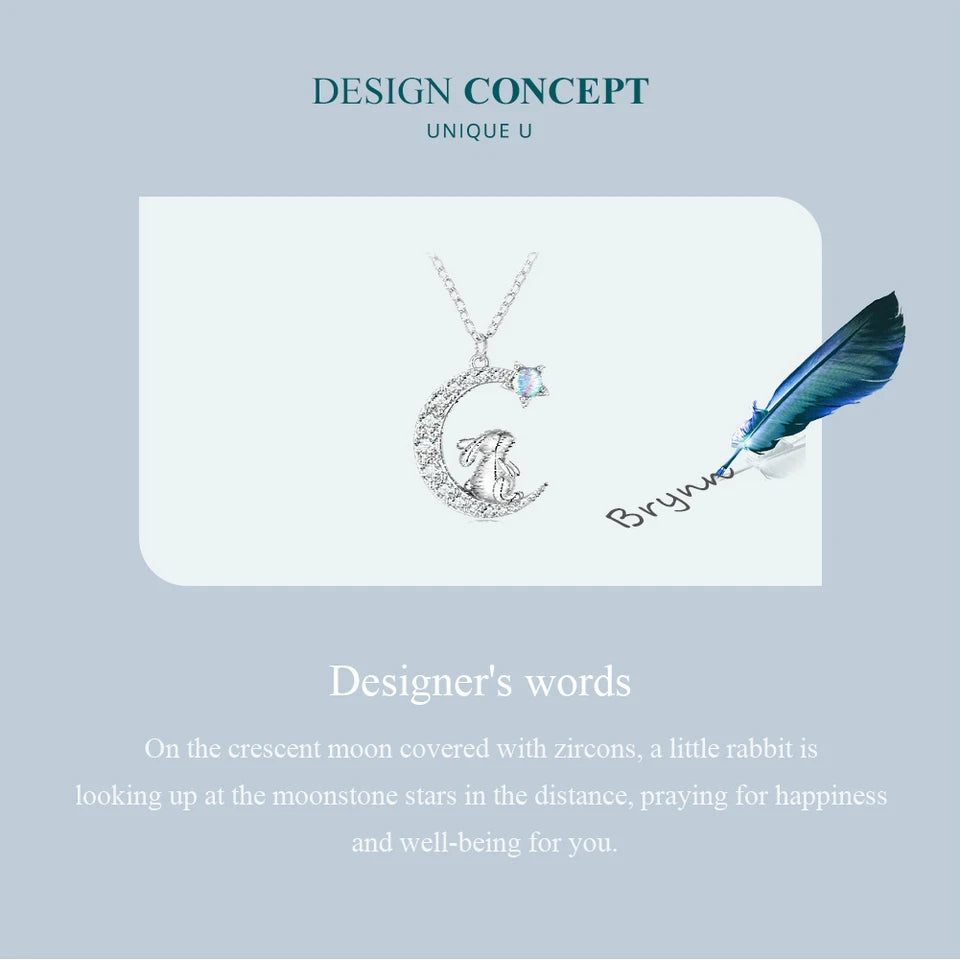 WOSTU 925 Sterling Silver Cat & Rabbit Moon Necklace | Star Zircon Pendant for Women Fine Jewelry Gift