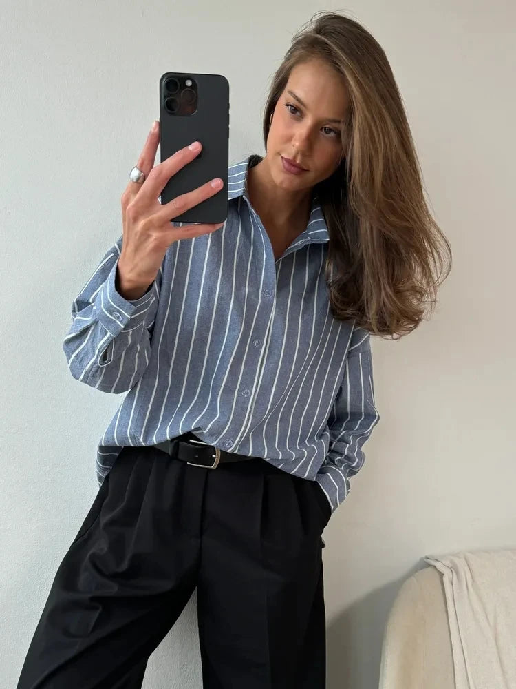 2025 Women’s Summer Striped Long Sleeve Shirt – Lazy Casual Breathable Cardigan Top
