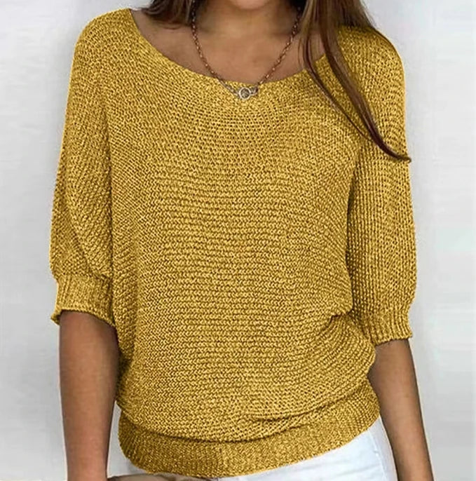 Women's Solid Color Knitted Sweater Pullover | Elegant Winter Round Neck 3/4 Sleeve Top