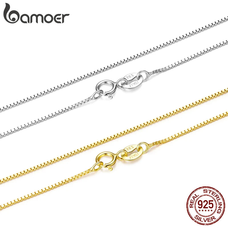 BAMOER 925 Sterling Silver Box Chain Necklace for Women Girls – 0.8mm Solid Gold Over Super Thin & Strong Chain