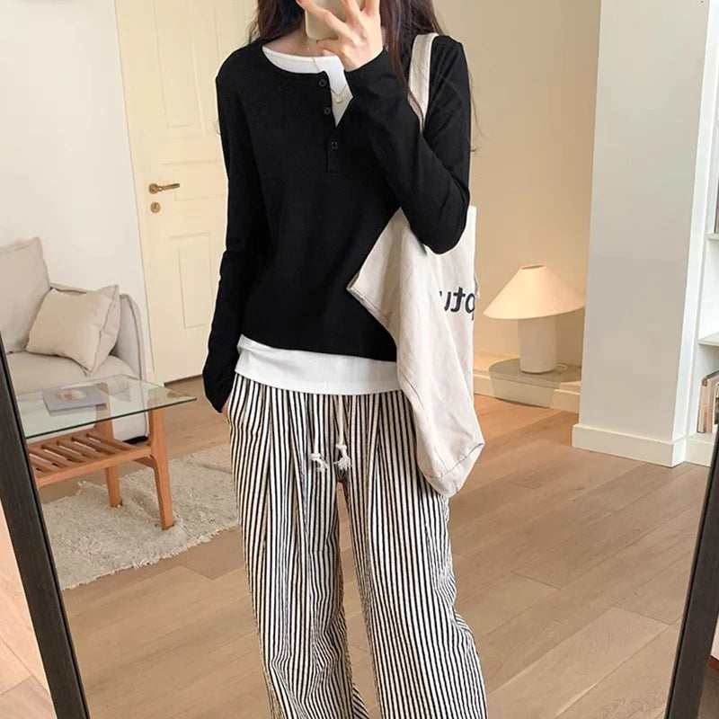 Slimming Effect Pure Cotton Long Sleeve Top – Women’s Loose Fashionable Base Shirt Spring Autumn 2025