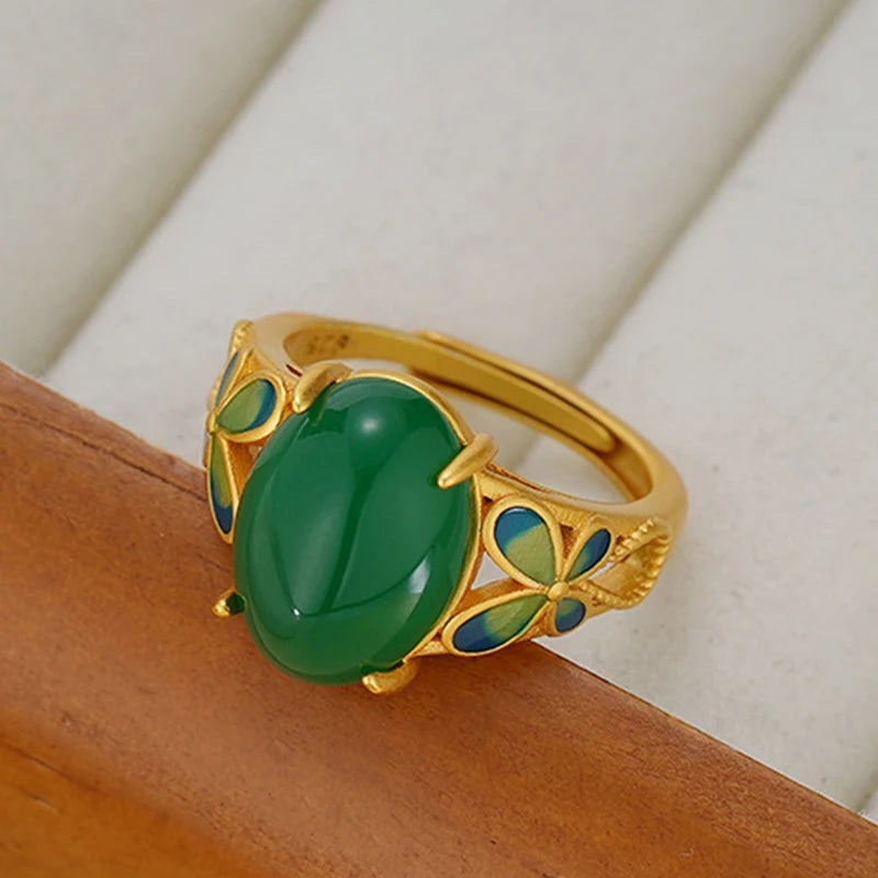 PANJBJ 925 Sterling Silver Hotan Jade Geometric Adjustable Ring | Retro Delicate Jewelry Gift for Women
