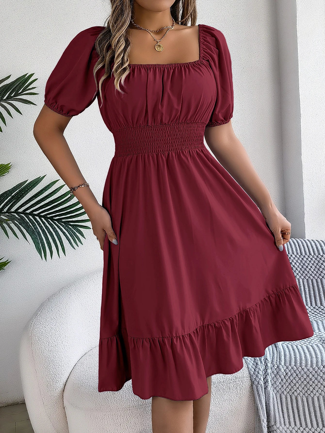 2026 Women’s Elegant High-Waisted Dress – Square Neck, Short Sleeve, Ruffled Edge Long Dress | Spring Summer Valentine’s Day