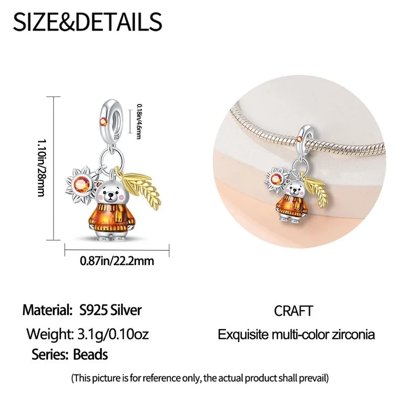 925 Sterling Silver Squirrel & Maple Leaf Charm | Shiny Zircon Autumn Beads Fit Pandora Bracelet DIY Jewelry