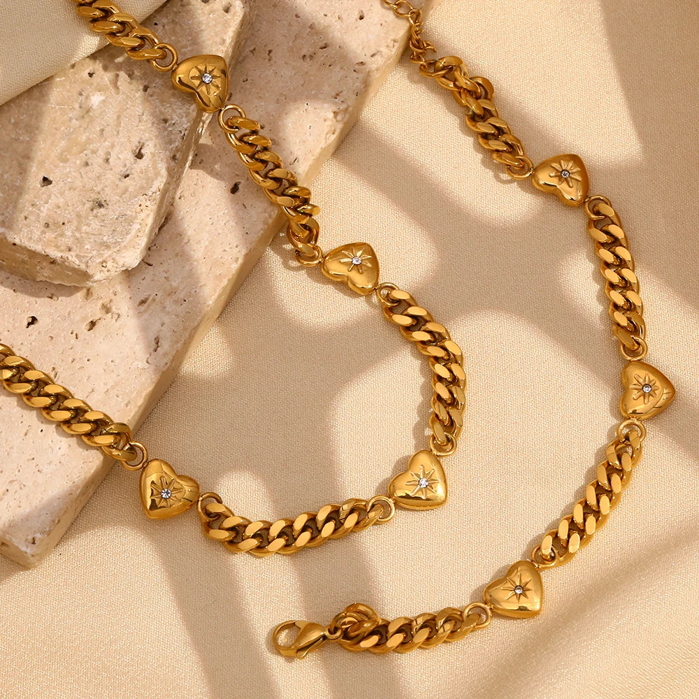 18K Gold Plated Stainless Steel Ocean Heart Cuban Chain Bracelet for Women – Zircon Paved Bangle