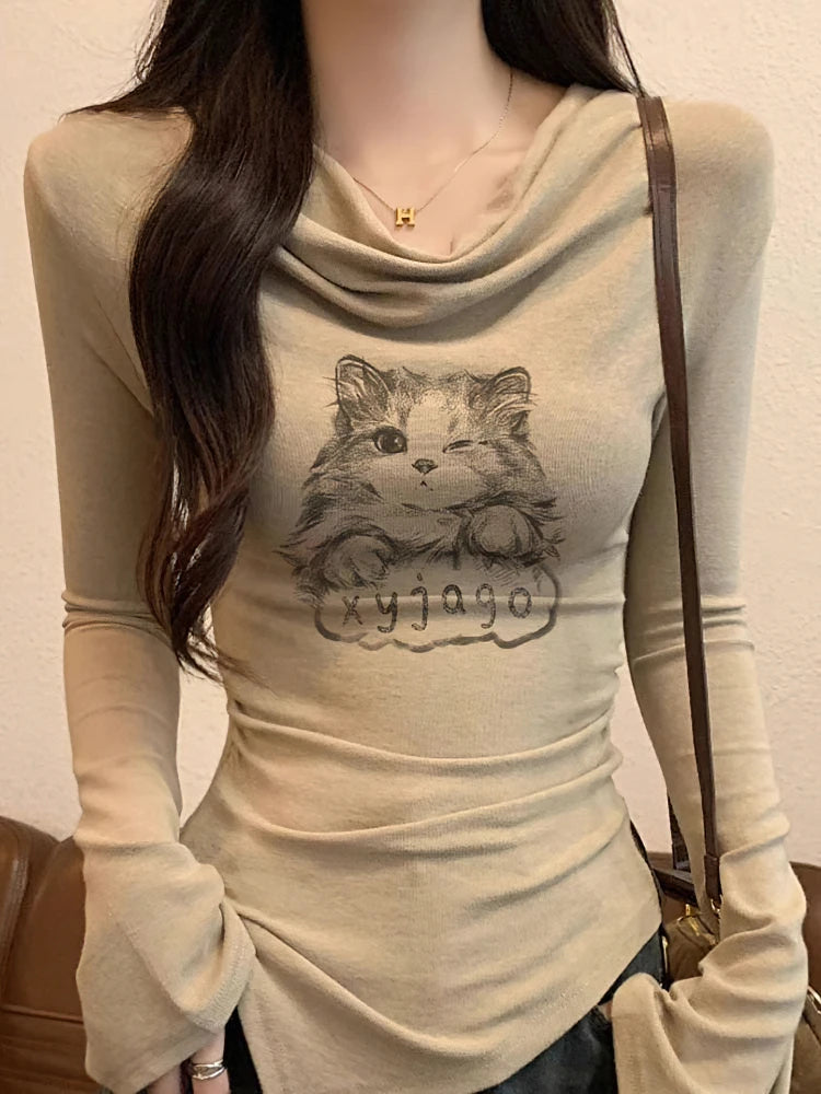 Y2K Cat Long Sleeve Women’s T-Shirt – Luxury Korean Off-Shoulder Slim Casual Top 🐱✨