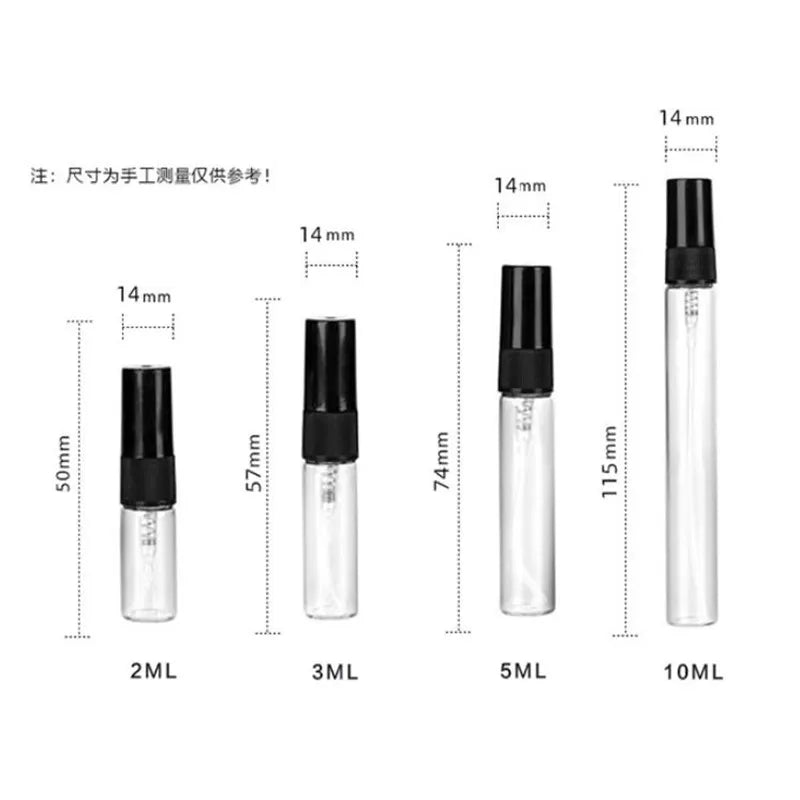50/100PCS Mini Glass Perfume Bottles – 2ML/5ML/10ML Black & Clear | Portable Empty Cosmetic Sample Vials Wholesale