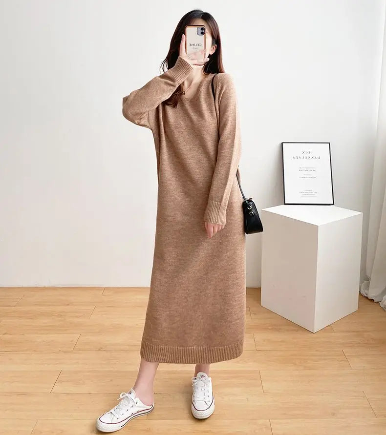 Ladies’ Knitted V-Neck Dress – Loose Fit Base Layer Skirt, Casual Straight Tube Korean Style Autumn Winter Dress