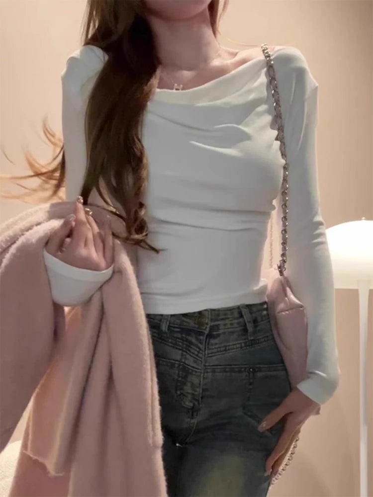 Spicy Girl One-Shoulder Long Sleeve T-Shirt for Women – Slim Fit Knitted Cotton Inner & Outer Wear Top | INS Youth Commute Style