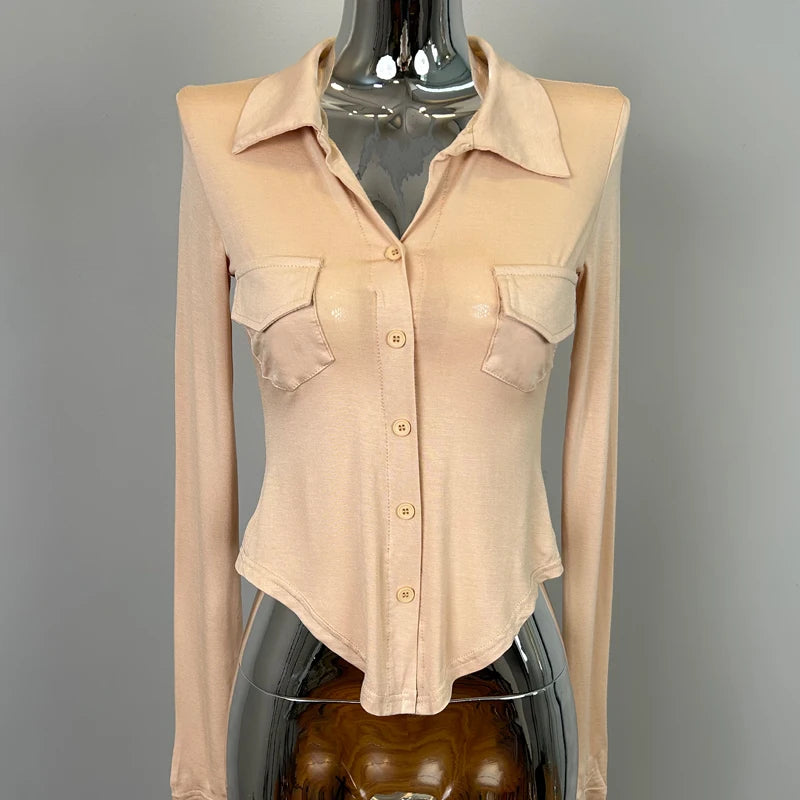 Sexy Button-Up Slim Fit Blouse – Women’s Early Autumn Korean Style Double Pocket Swing Top