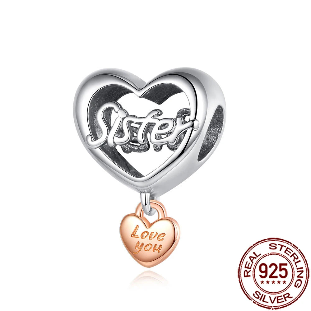 2025 New 925 Sterling Silver Family Love Heart Charm Beads | Sister, Daughter & Mother Pendant for Bracelets & DIY Jewelry