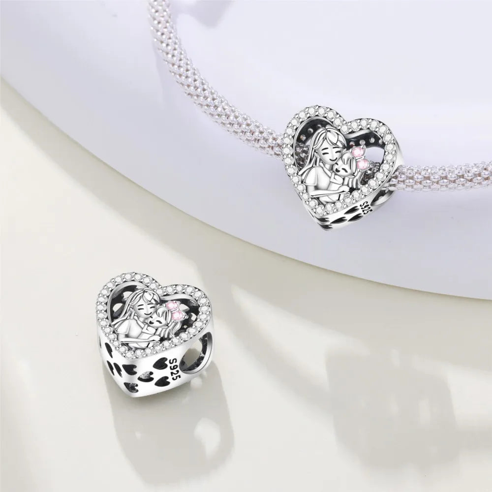 925 Sterling Silver Mother Daughter Love Embrace Pendant Charm | Heart Shaped Bracelet Bead DIY Fine Jewelry Gift