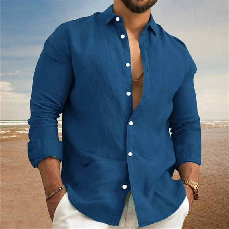 Men’s Linen Casual Shirt | Black & White Button Long Sleeve Beachwear S-3XL