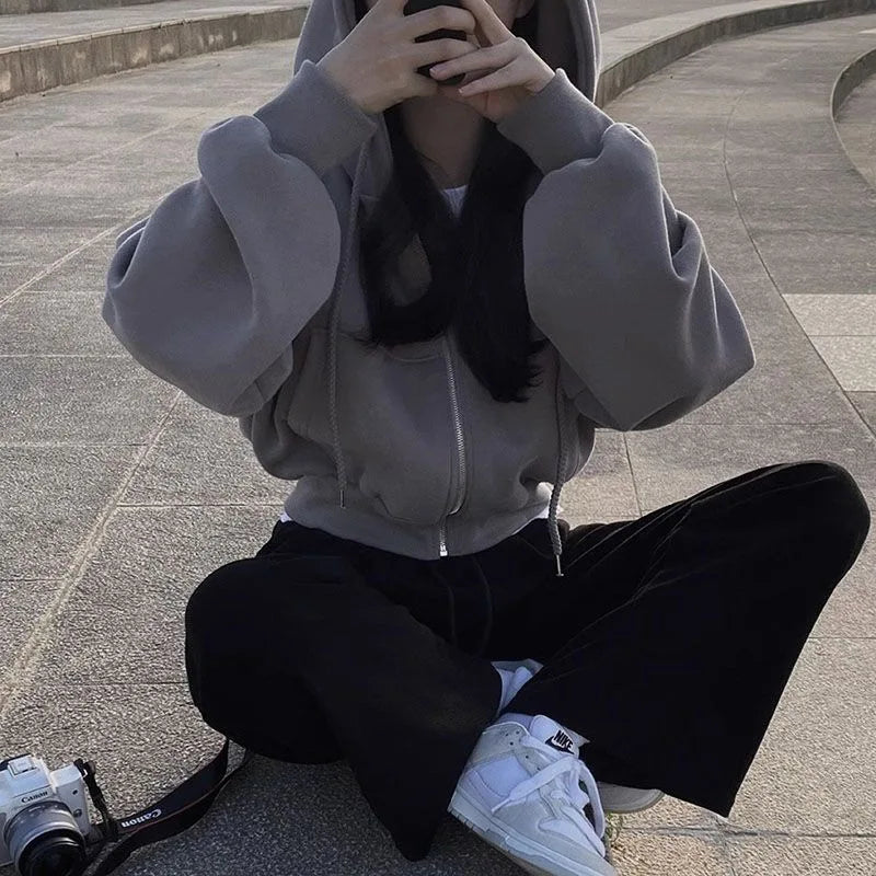 Women's Oversized Zip Up Hoodie | Retro Solid Color Sweatshirt | Autumn Harajuku Loose Short Jacket