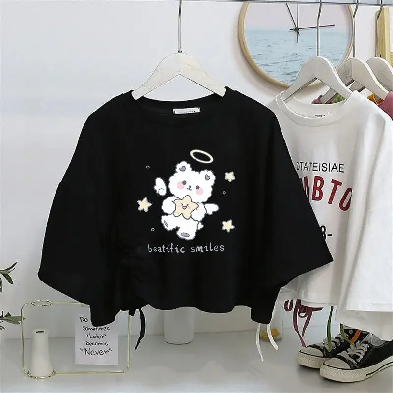 Women’s Drawstring Cotton T-Shirt | Loose O-Neck Drop Sleeve Pullover | Spring Summer Casual Solid Knit Top